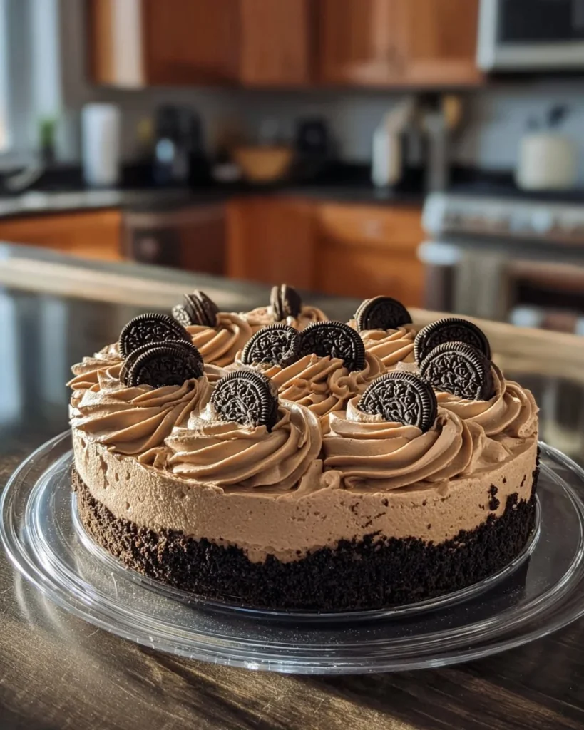 Chocolate Cheesecake with Oreo Crust served on a dessert plate
