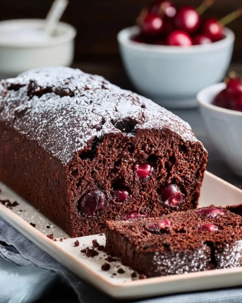 Delicious Chocolate Cherry Cake topped with fresh cherries and chocolate shavings.