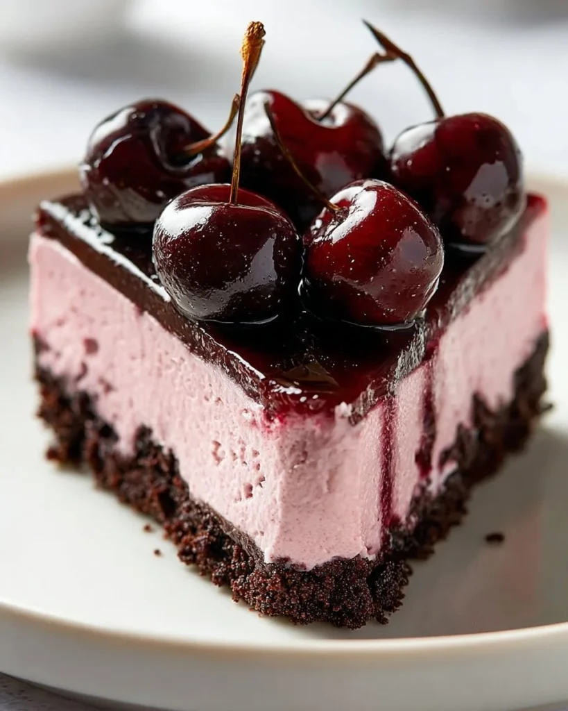 Delicious chocolate cherry cheesecake topped with cherries and chocolate drizzle