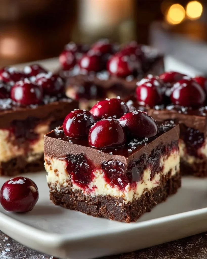 Delicious Chocolate Cherry Cheesecake Bars topped with fresh cherries