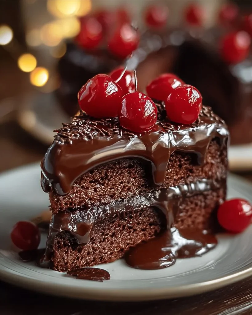 Slice of Chocolate Cherry Dr Pepper Cake topped with chocolate icing and cherries