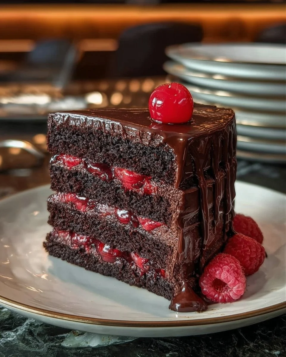 Delicious Chocolate Cherry Raspberry Wonder Layer Cake with rich layers and vibrant toppings