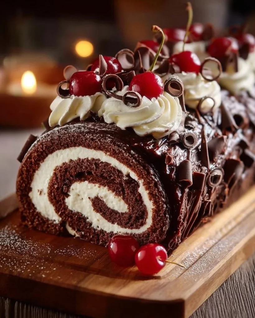Chocolate Cherry Roll Cake with cherries and chocolate frosting on a plate