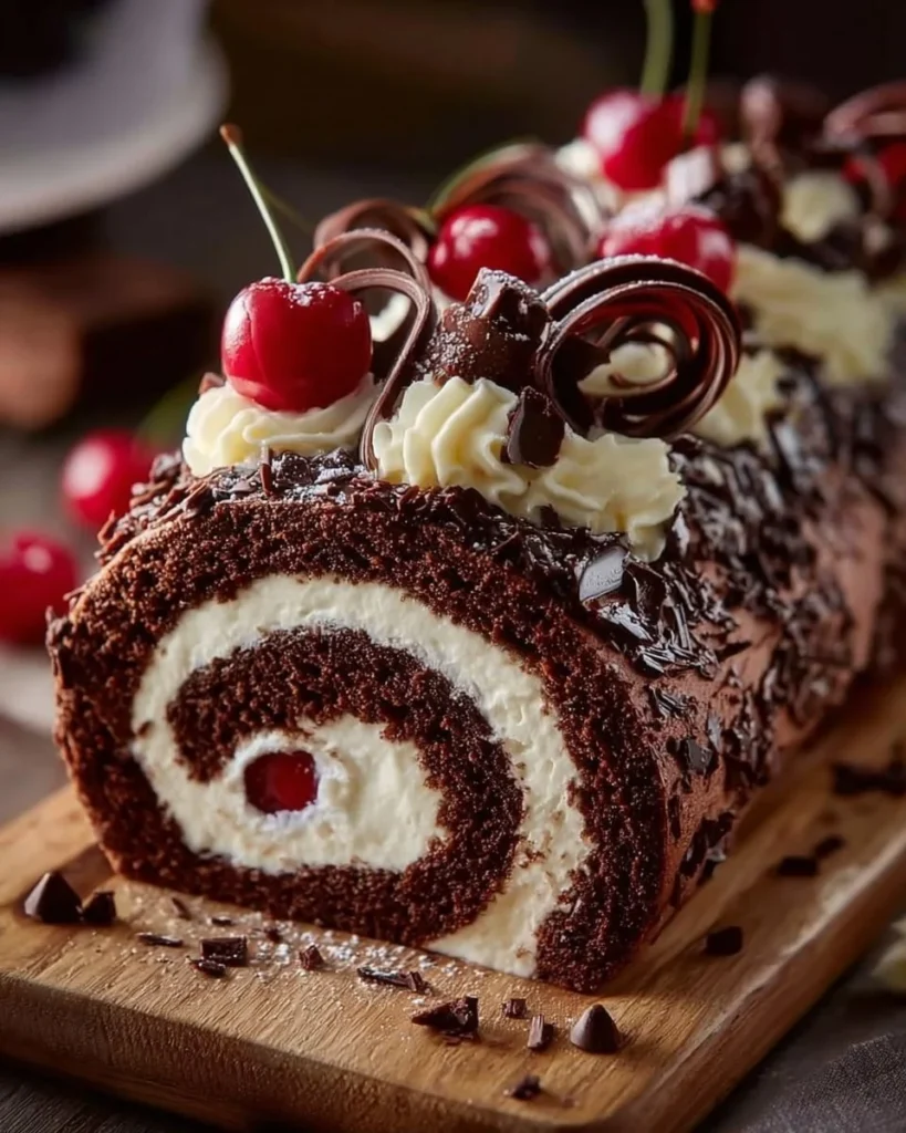Chocolate Cherry Roll Cake with cherries and chocolate icing, a delicious dessert