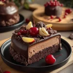 Delicious chocolate cherry swiss roll dessert with cherries and chocolate icing.
