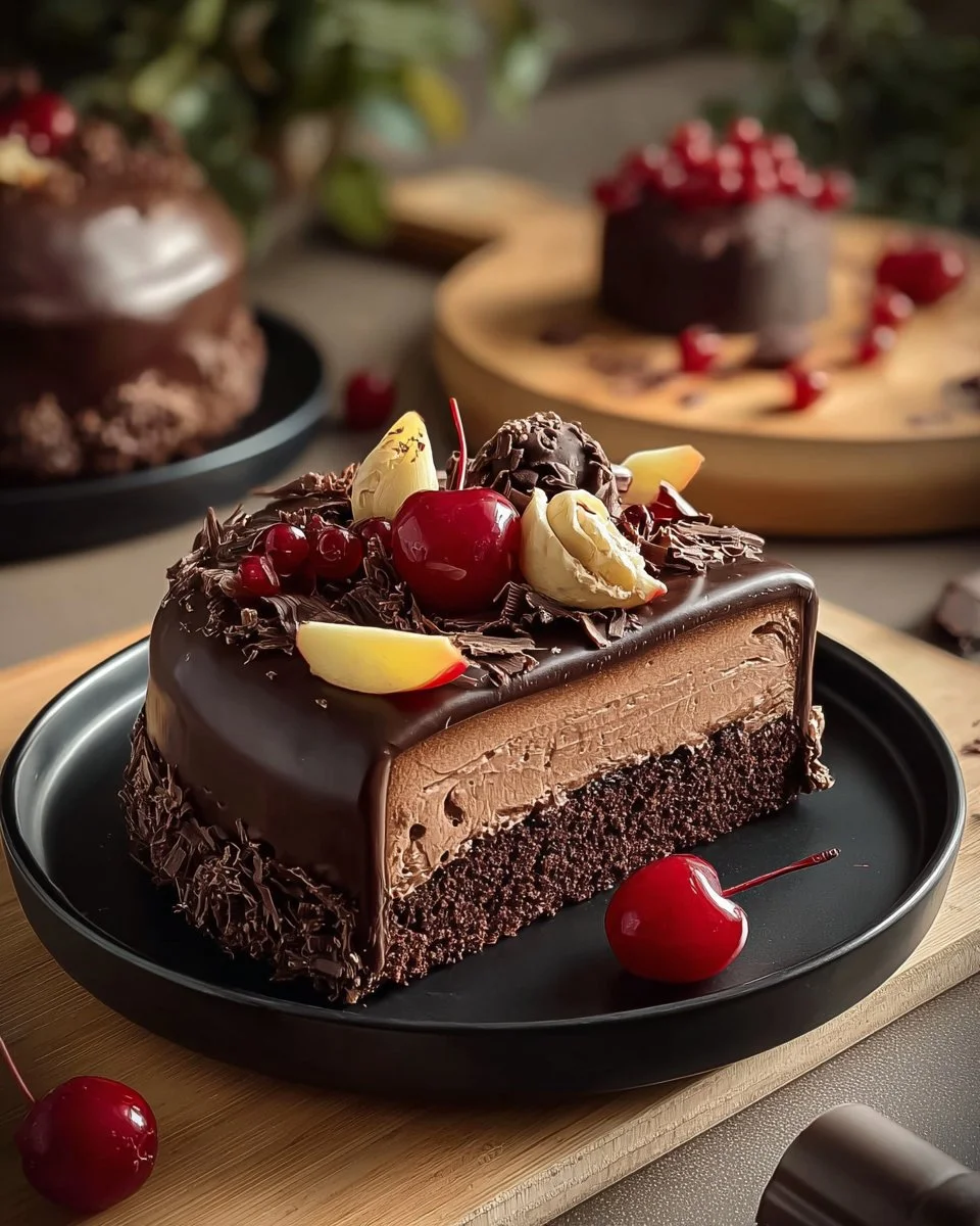 Delicious chocolate cherry swiss roll dessert with cherries and chocolate icing.