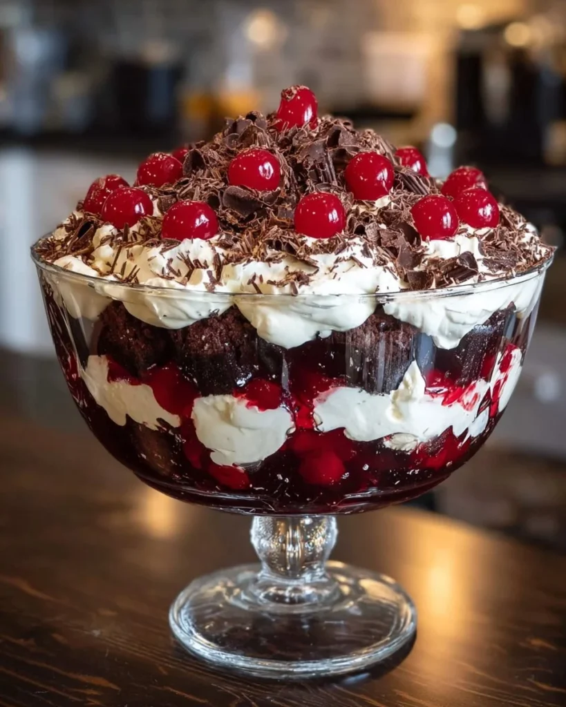 Delicious Chocolate Cherry Trifle layered with chocolate and cherries