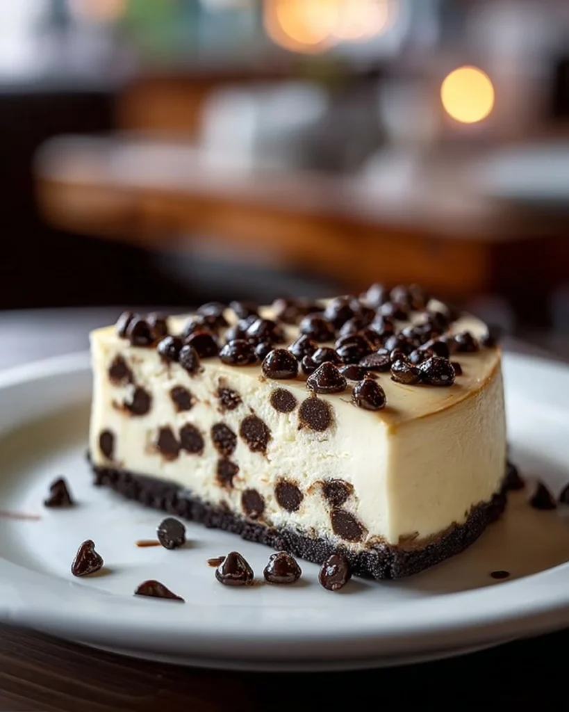 Delicious Chocolate Chip Cheesecake topped with chocolate chips
