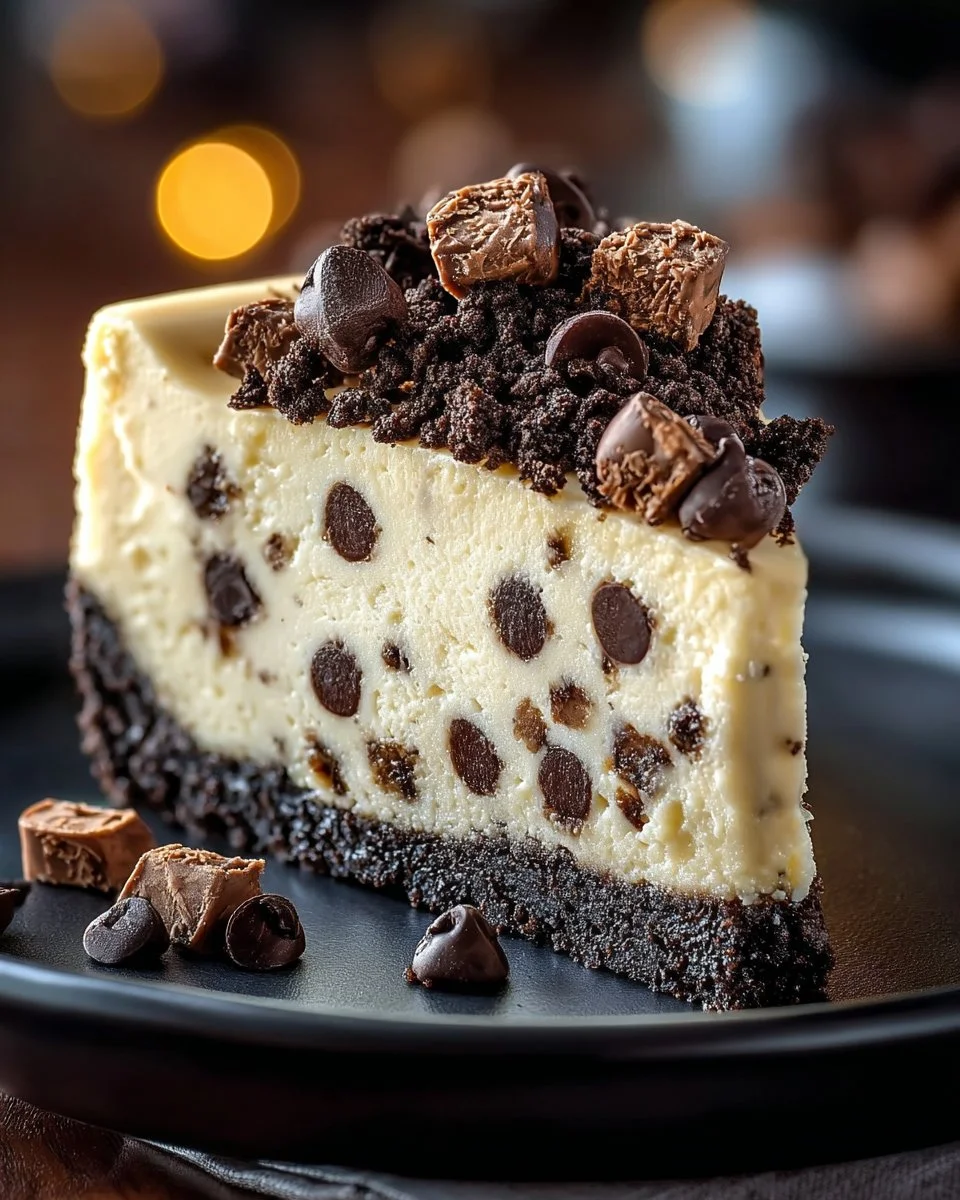 Slice of chocolate chip cheesecake with chocolate chips on top