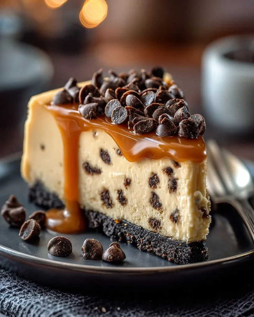 Delicious chocolate chip cheesecake slice topped with chocolate chips