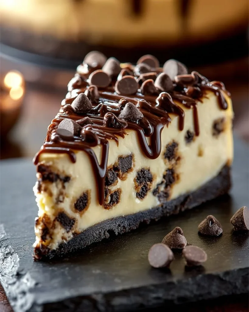 Delicious Chocolate Chip Cheesecake topped with chocolate chips