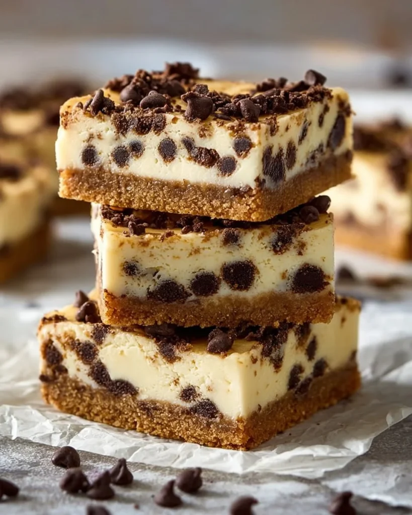 Delicious chocolate chip cheesecake bars with a creamy texture and chocolate chunks
