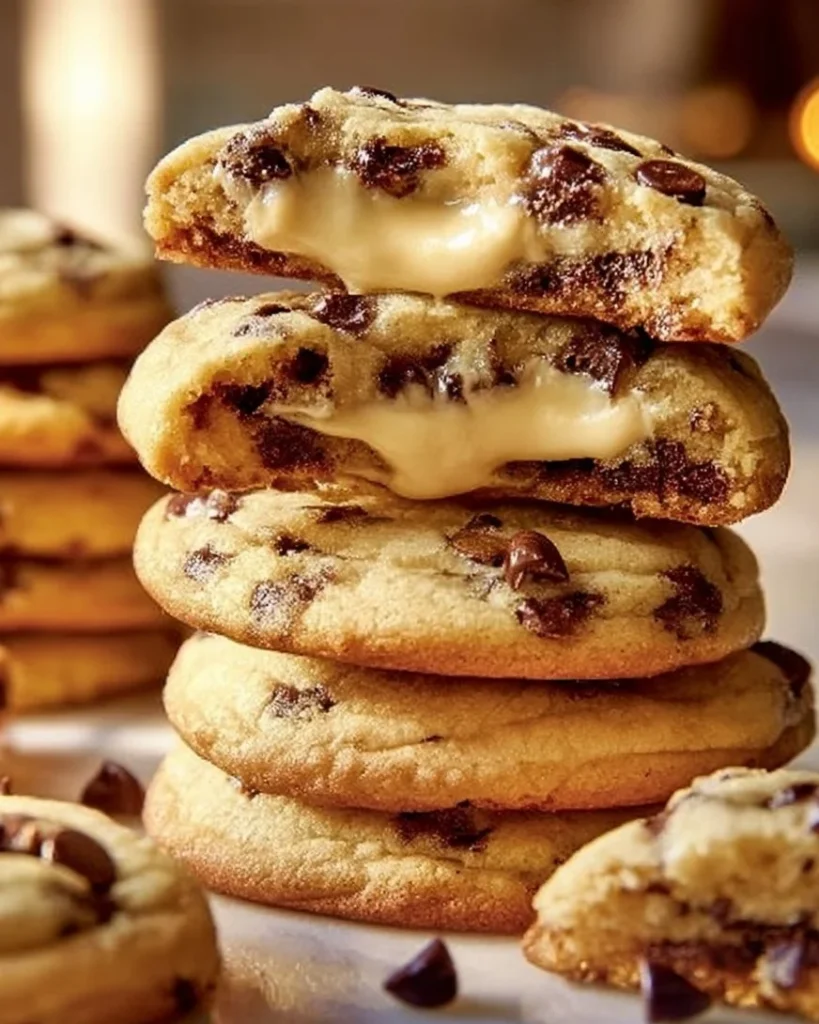 Delicious chocolate chip cheesecake cookies stacked on a plate.