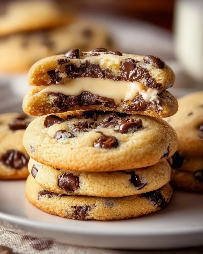 Chocolate chip cheesecake cookies stacked on a plate, showcasing their delicious texture.