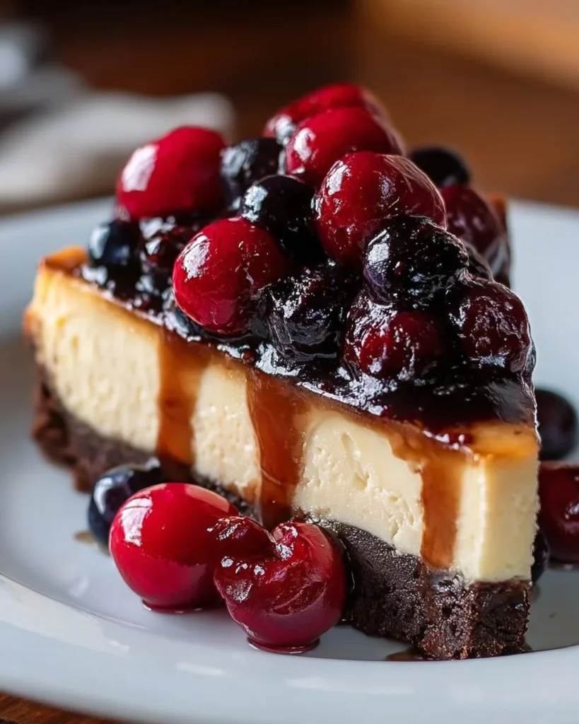 Delicious chocolate chip cherry cheesecake topped with fresh cherries