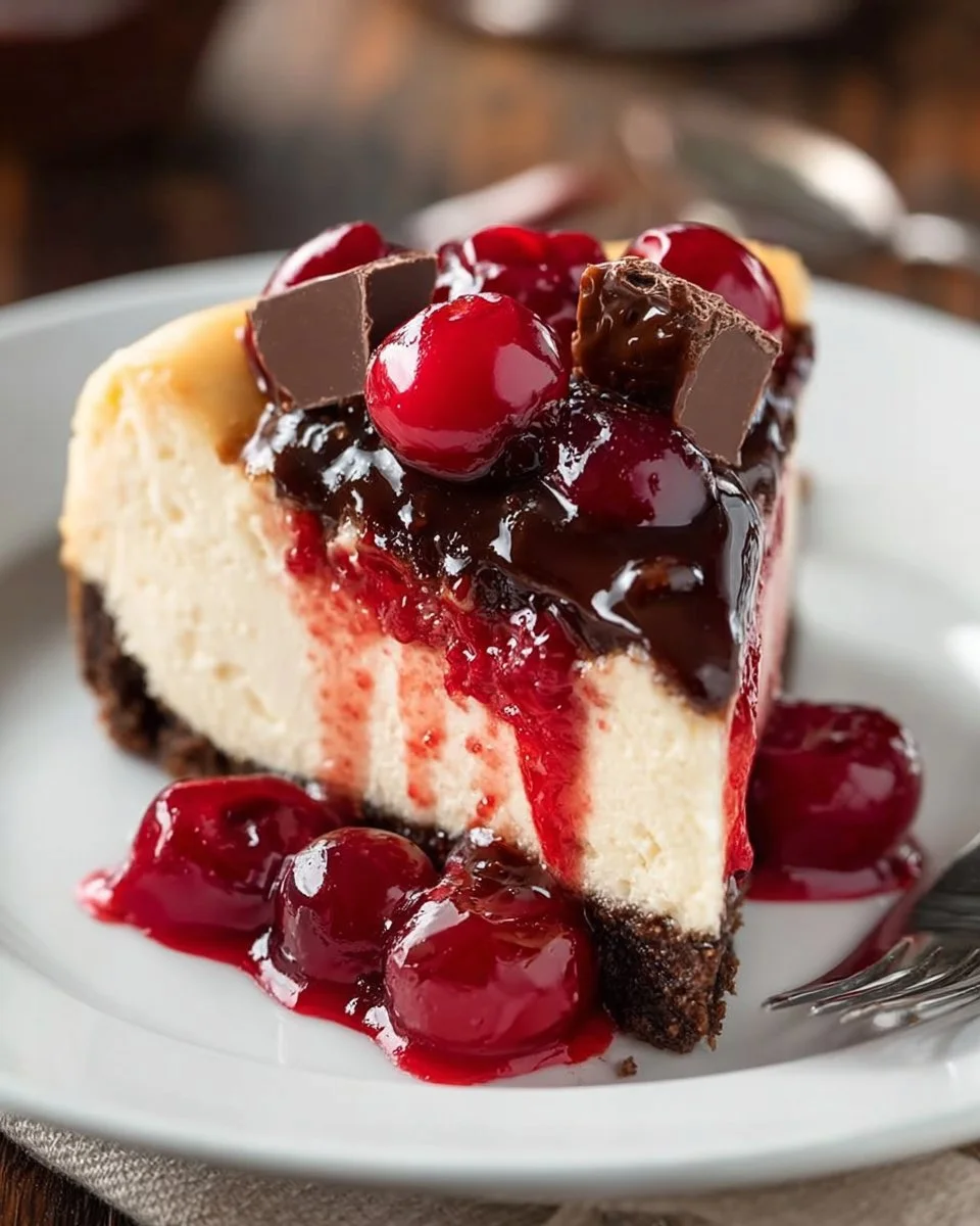 Delicious chocolate chip cherry cheesecake with a rich creamy texture and cherry topping.