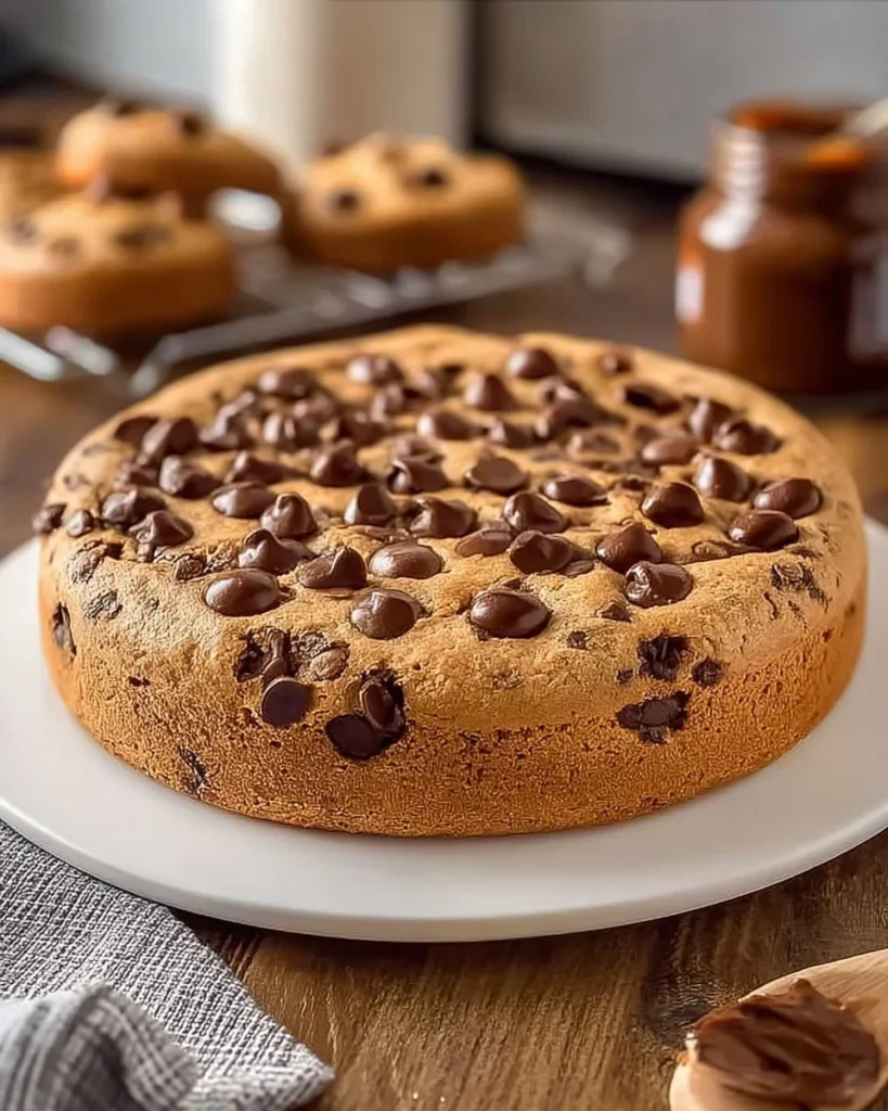 Decadent Chocolate Chip Cookie Cake topped with chocolate chips and served on a plate