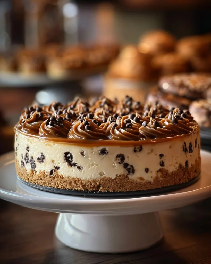 Delicious Chocolate Chip Cookie Cheesecake with chocolate chips and a cookie crust