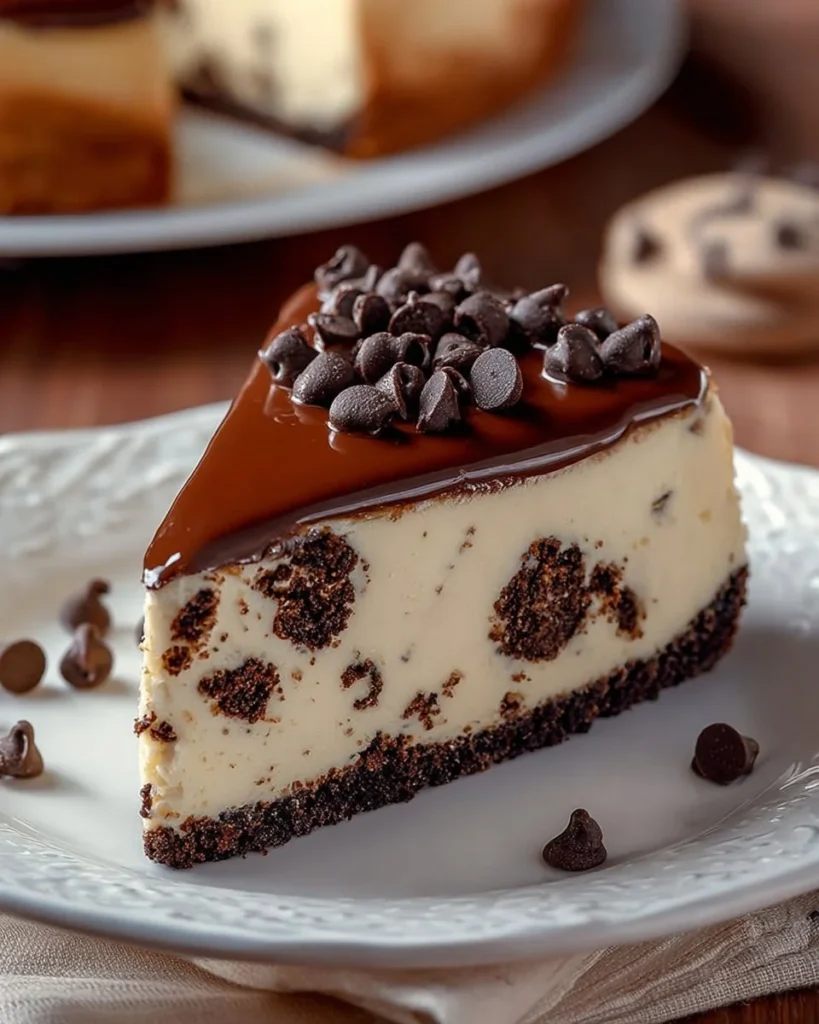 Chocolate chip cookie cheesecake topped with cookie crumbles and drizzled chocolate