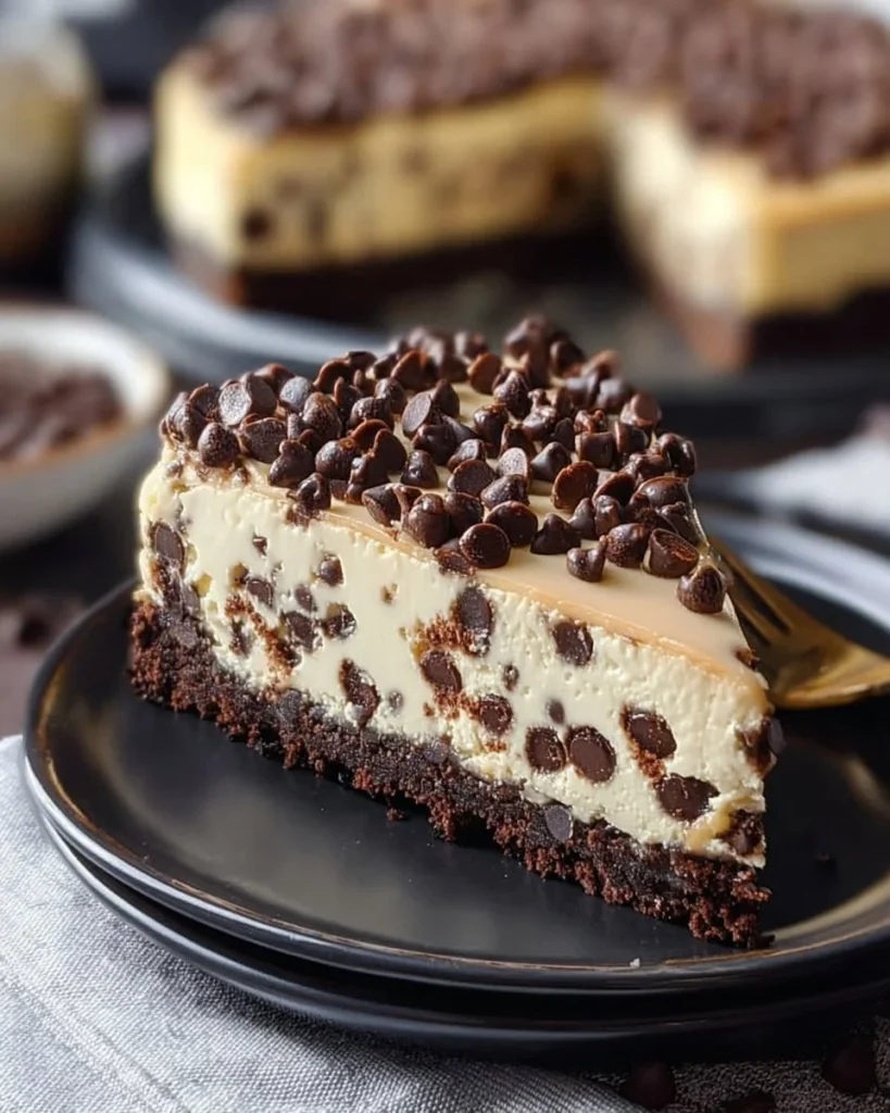 Chocolate Chip Cookie Crust Cheesecake topped with chocolate chips