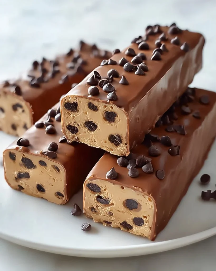 Delicious chocolate chip cookie dough bars on a rustic wooden surface