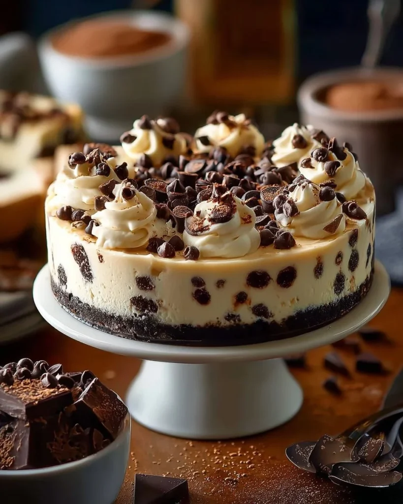 Chocolate Chip Cookie Dough Cheesecake topped with cookie dough pieces