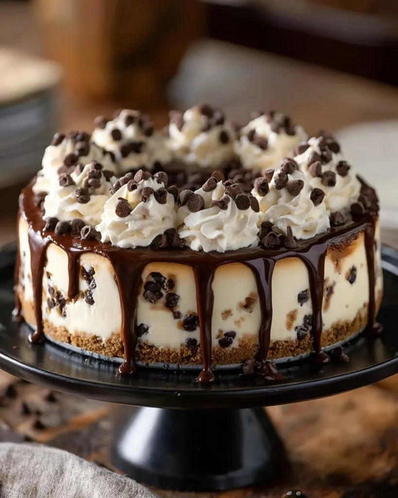 Chocolate Chip Cookie Dough Cheesecake topped with cookie dough chunks and chocolate chips