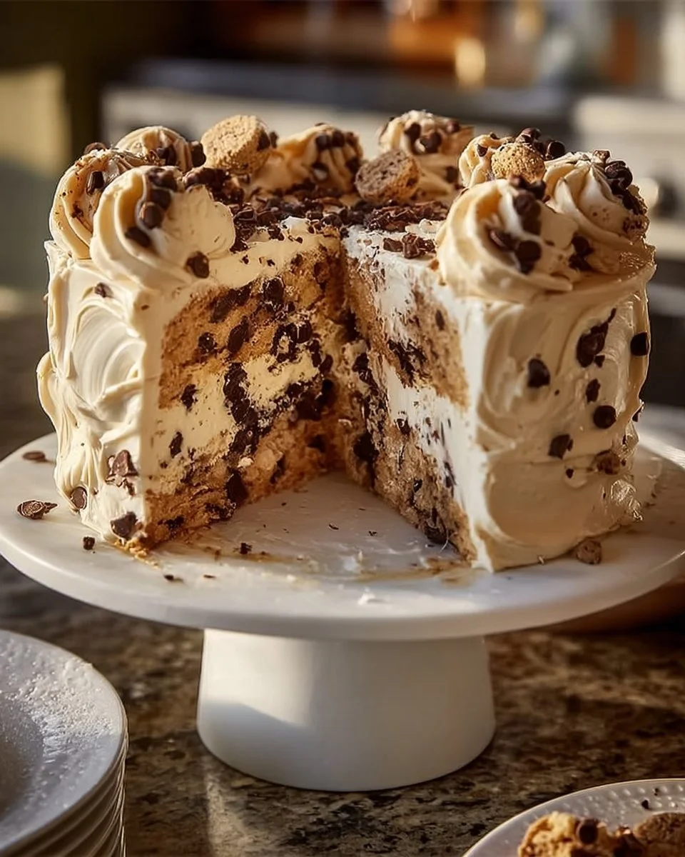 Chocolate chip cookie dough ice cream cake with layers of chocolate and creamy frosting