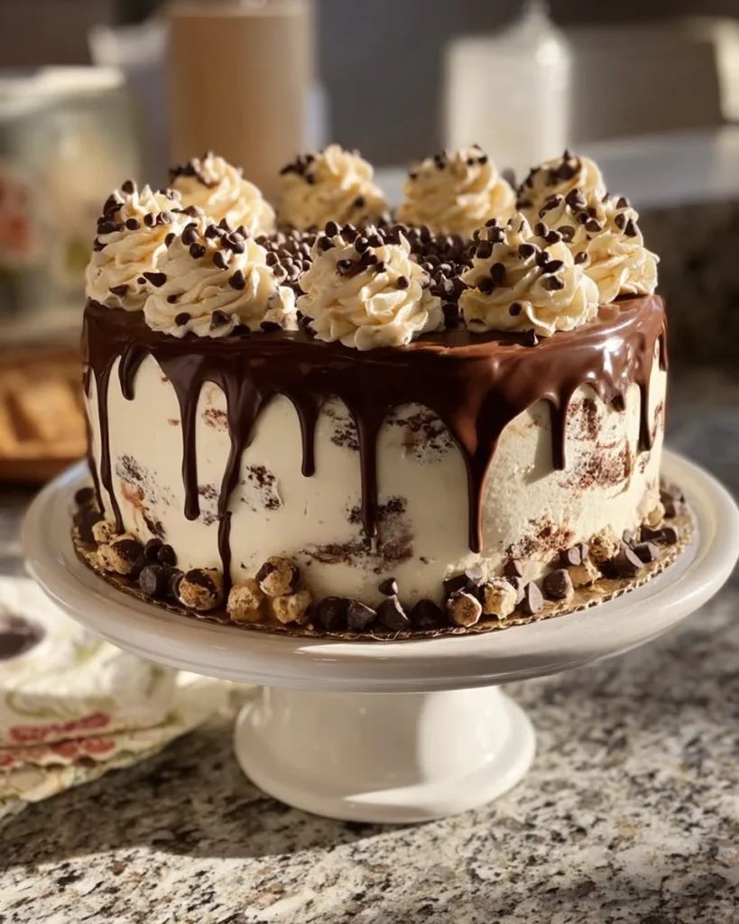 A scrumptious chocolate chip cookie dough ice cream cake topped with cookie pieces.
