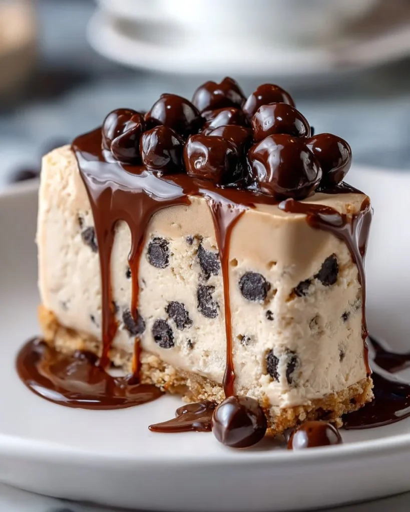 Chocolate Chip Cookie Dough Ice Cream Cake topped with cookie dough pieces