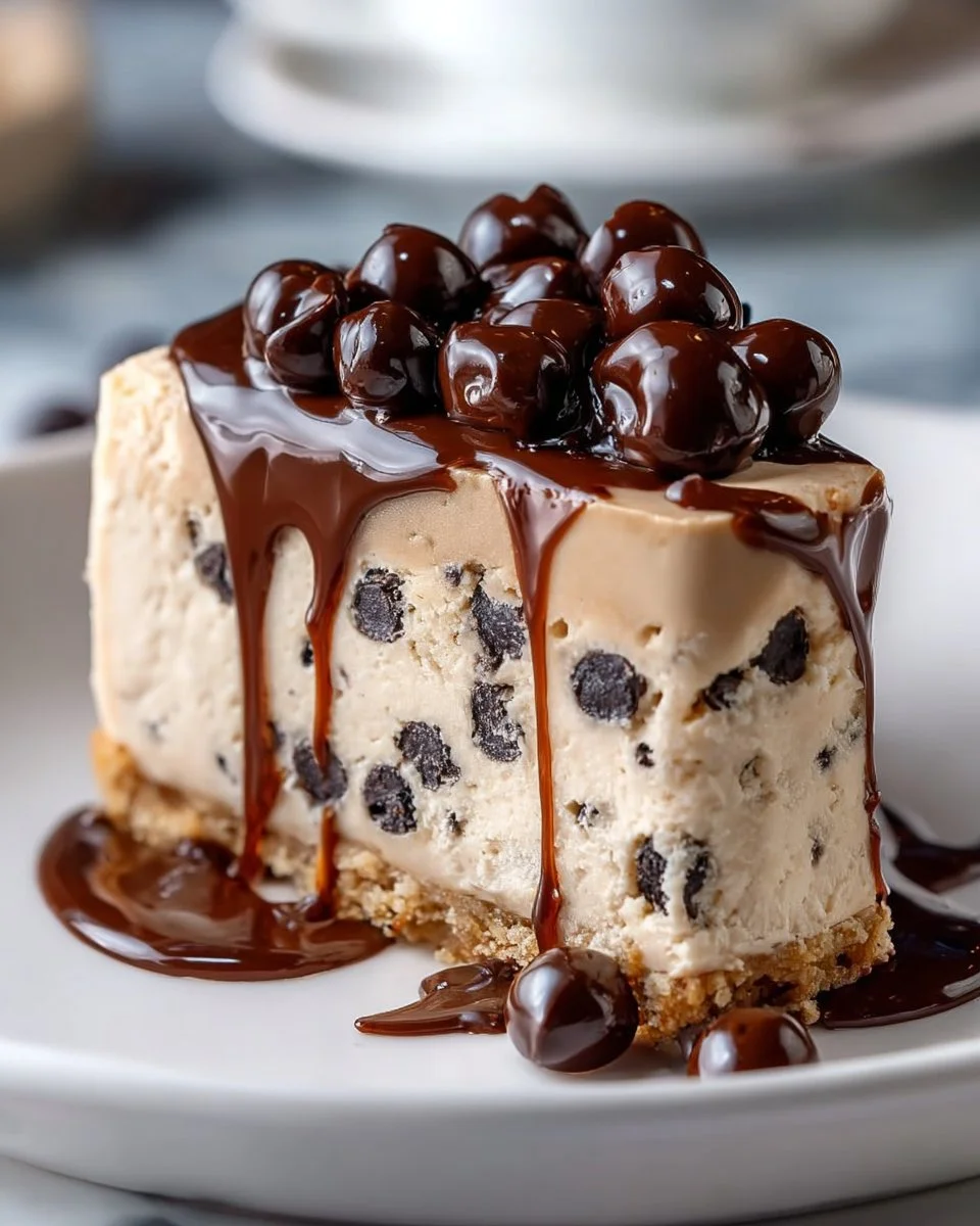 Chocolate Chip Cookie Dough Ice Cream Cake topped with cookie dough pieces