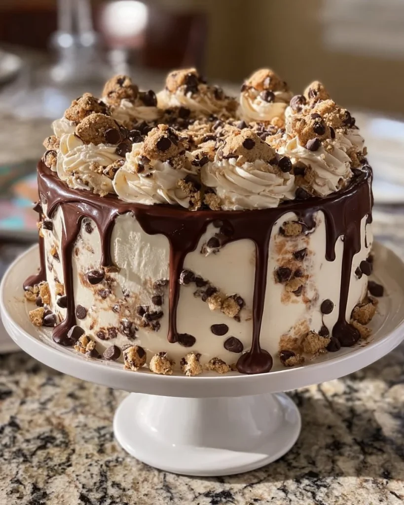 Delicious Chocolate Chip Cookie Dough Ice Cream Cake with cookie chunks and ice cream