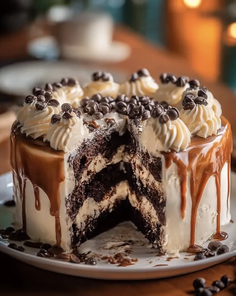 Chocolate chip cookie dough ice cream cake decorated with chocolate chips