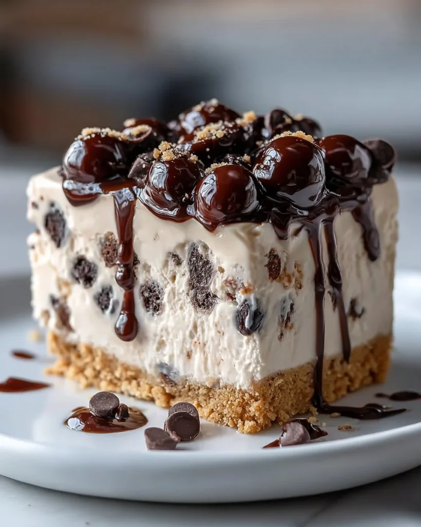 Chocolate Chip Cookie Dough Ice Cream Cake topped with cookie dough pieces and chocolate drizzle