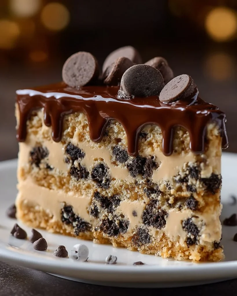 Chocolate Chip Cookie Dough Ice Cream Cake with layers of cookie dough and ice cream