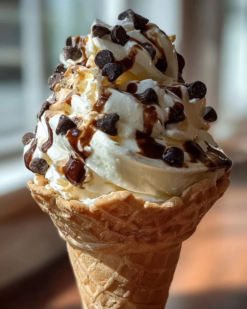 Chocolate chip cookie dough ice cream cone overflowing with creamy goodness