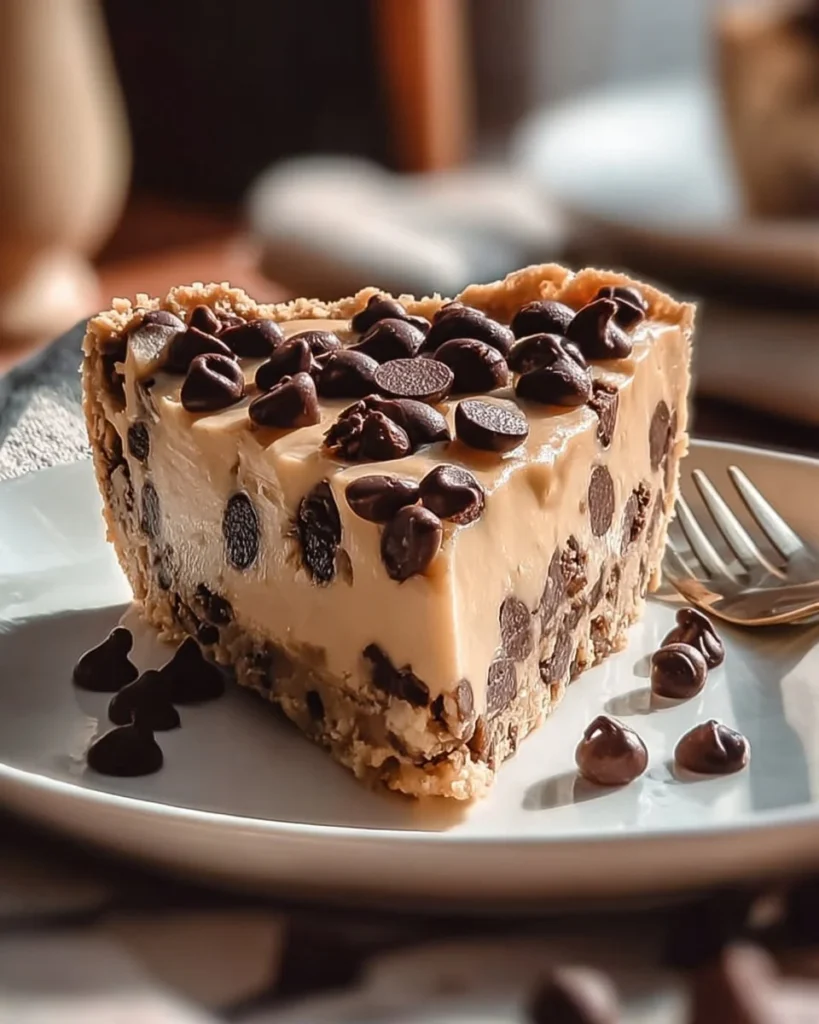 Delicious chocolate chip cookie dough pie with chocolate chunks on top