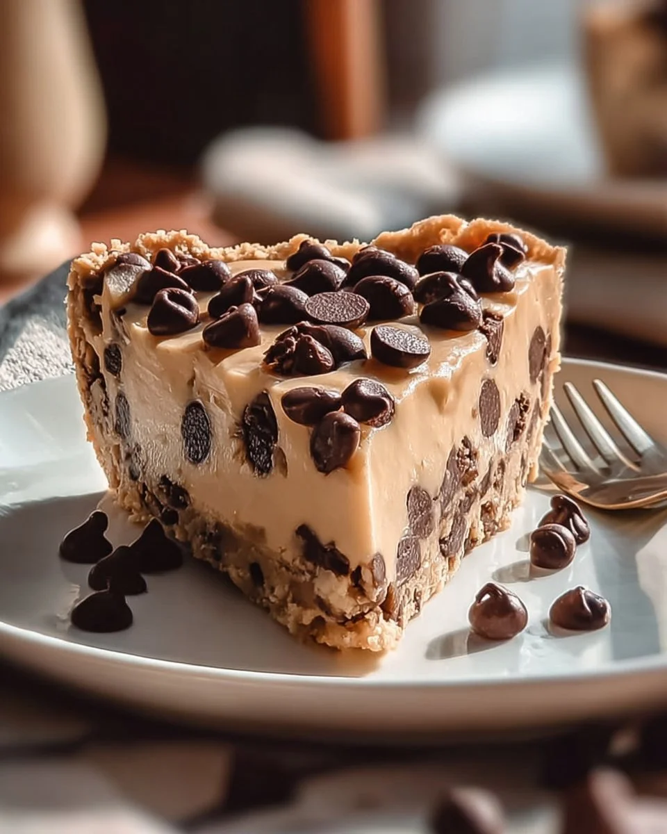 Delicious chocolate chip cookie dough pie with chocolate chunks on top