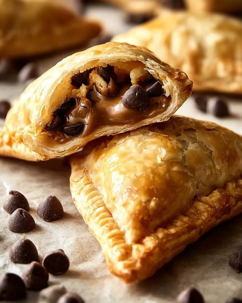 Golden chocolate chip cookie dough turnovers filled with gooey dough.