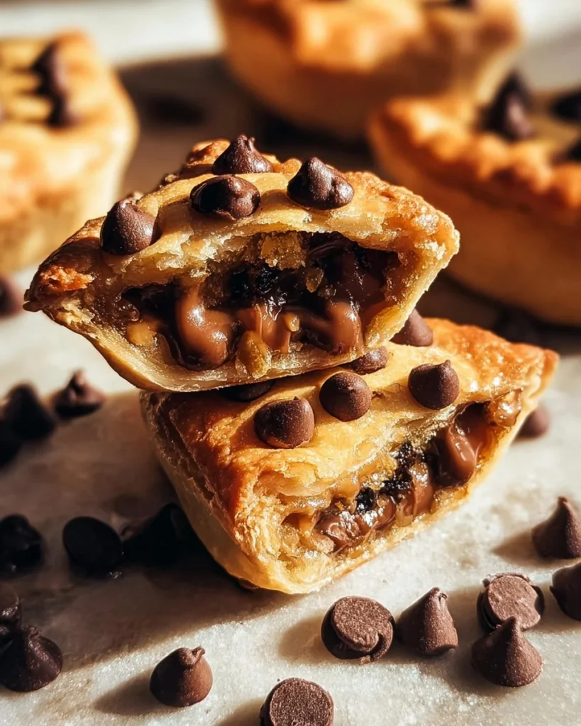 Chocolate chip cookie dough turnovers freshly baked and served with a drizzle of chocolate