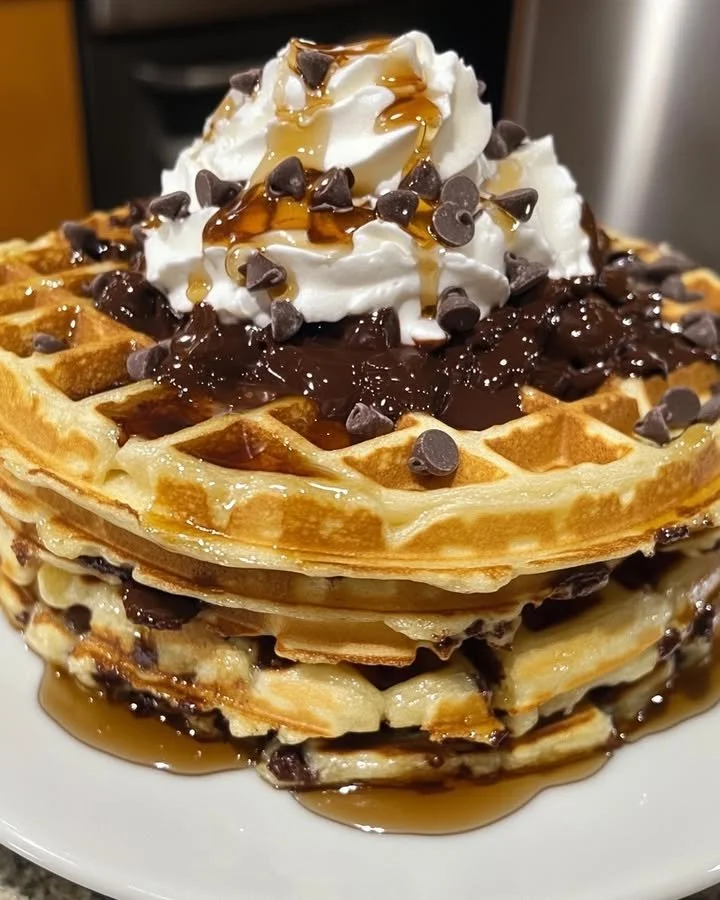 Delicious chocolate chip waffles topped with syrup and chocolate chips