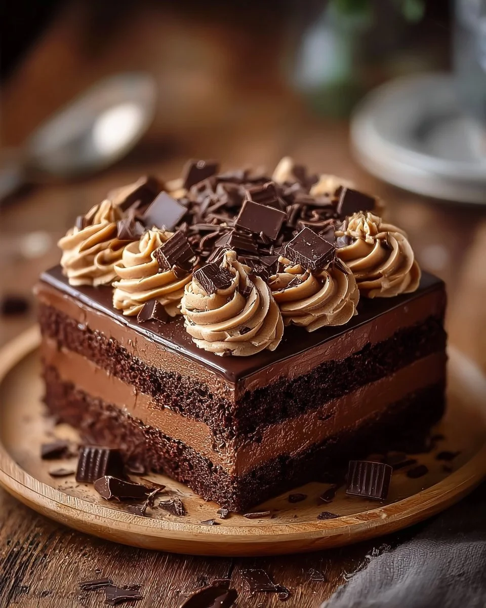 Delicious Chocolate Coffee Cake topped with chocolate frosting and coffee beans.