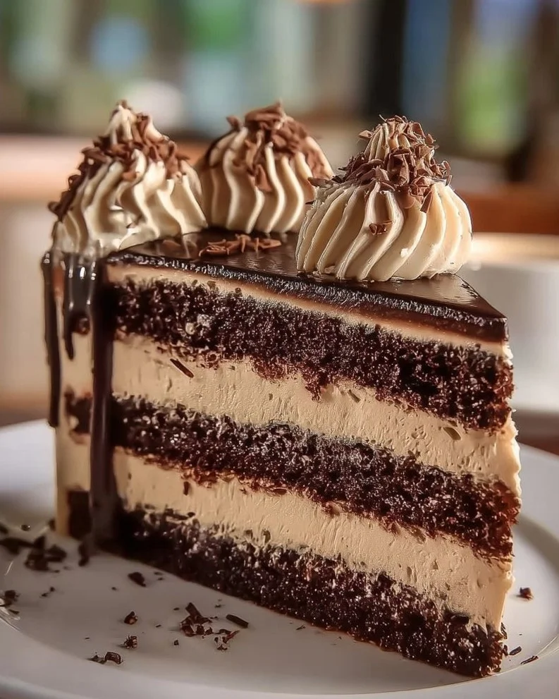 Delicious chocolate coffee cake topped with frosting and coffee beans