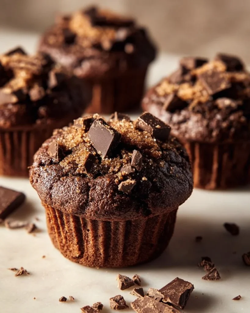 Chocolate Coffee Toffee Crunch Muffins with rich chocolate and toffee topping