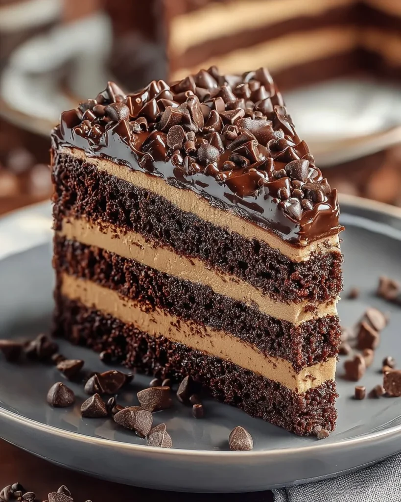 Chocolate Cookie Dough Layer Cake with rich layers of cookie dough and frosting