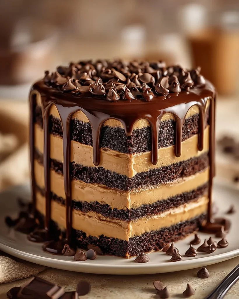 Chocolate Cookie Dough Layer Cake with rich frosting and cookie dough layers