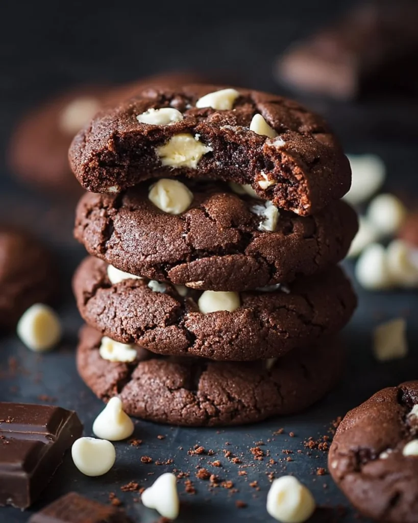 Delicious chocolate cookies with white chocolate chips on a cooling rack