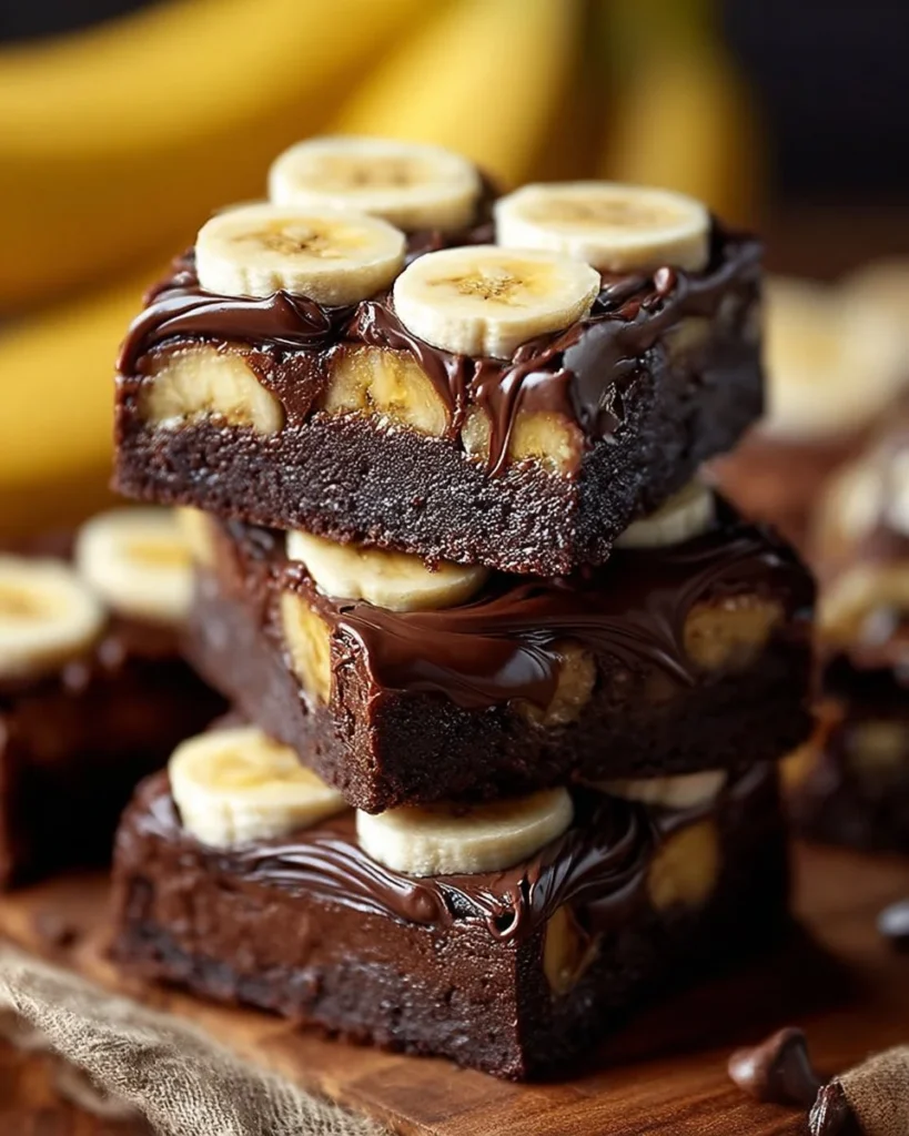 Delicious chocolate covered banana brownies topped with rich chocolate glaze.