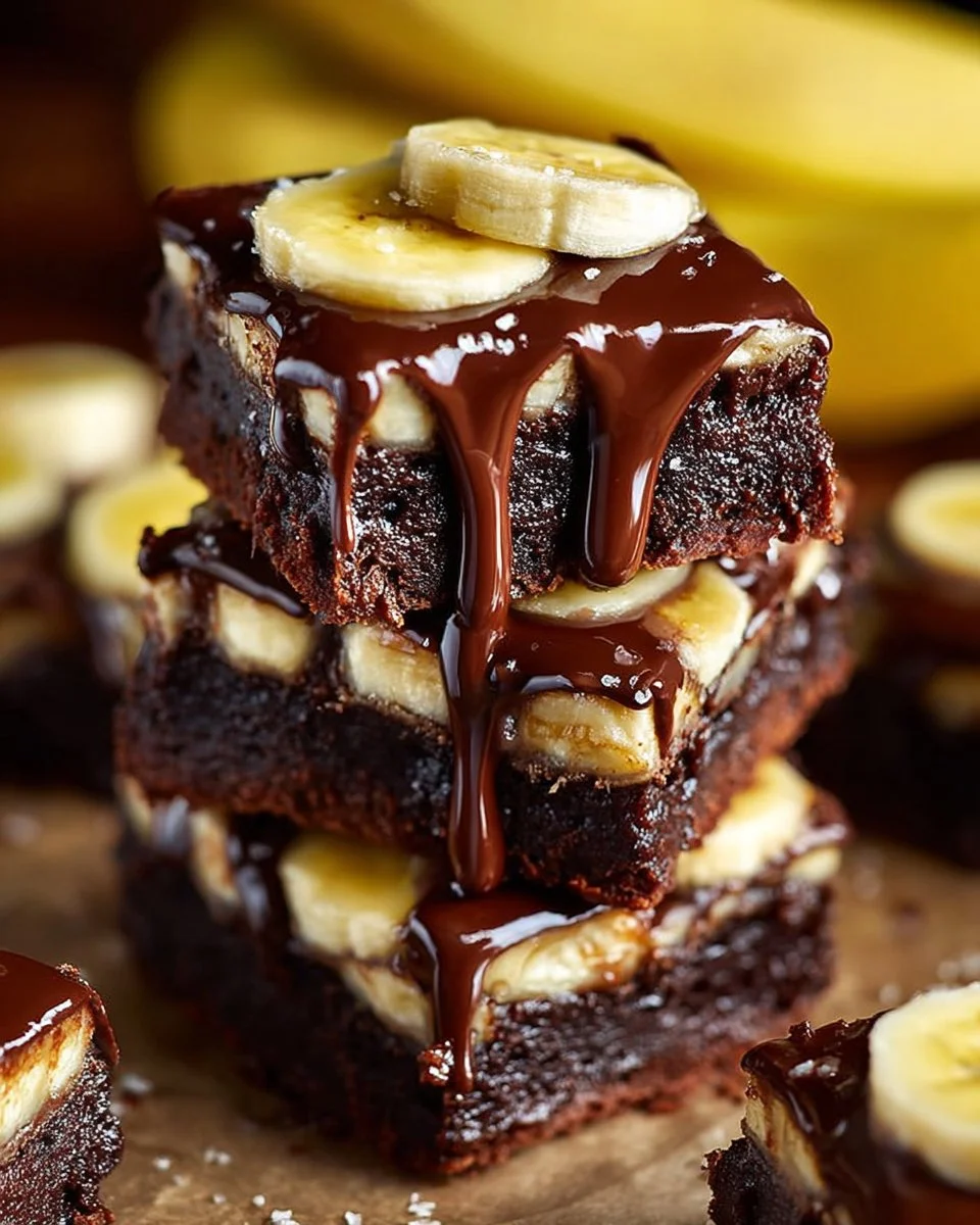 Chocolate covered banana brownies on a plate, garnished with banana slices.