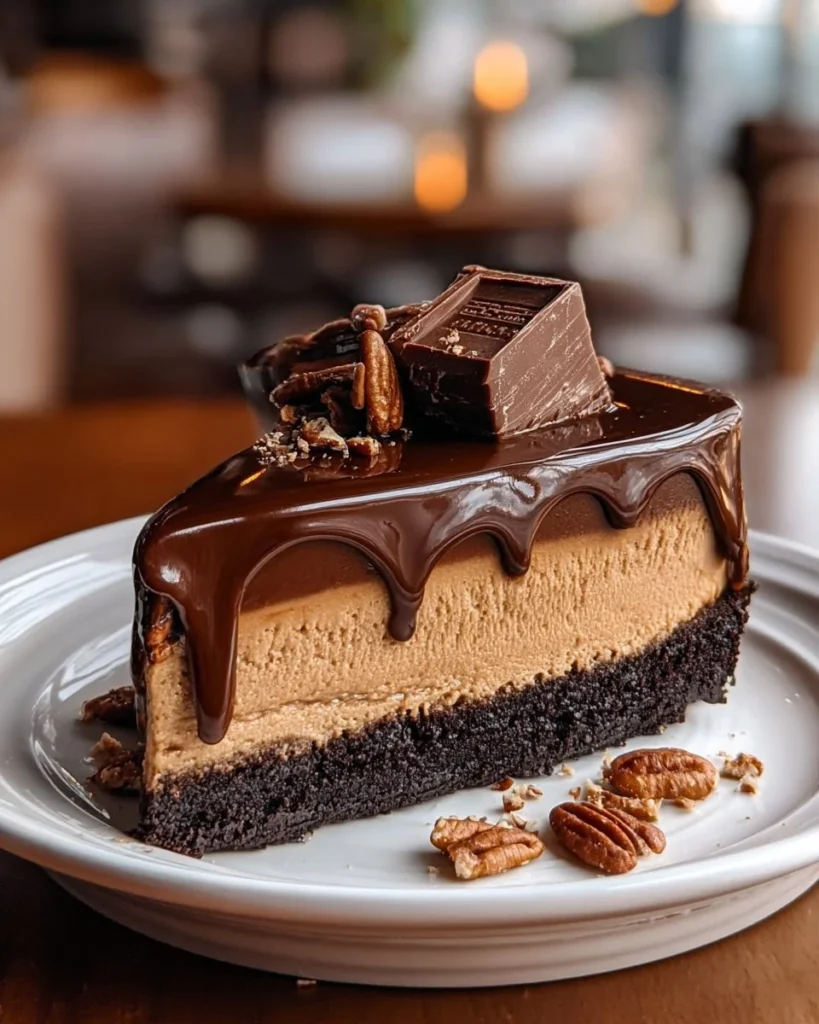 Decadent chocolate covered peanut butter cheesecake topped with chocolate ganache.